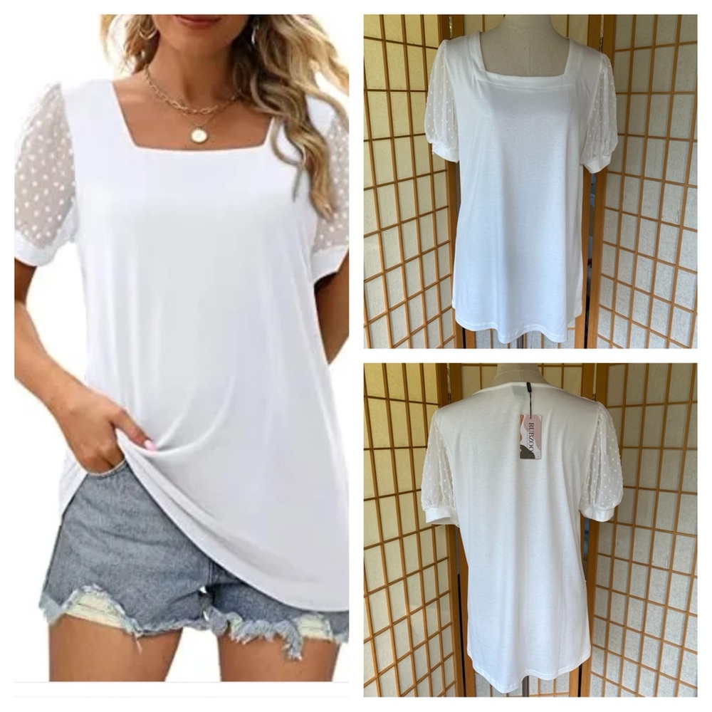 Rubzoof White Square Neck Swiss Dot Puff Sleeve Top SZ L NWT
